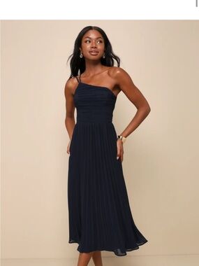Lulus Wondrous Muse Navy Blue Pleated One-Shoulder Midi Dress